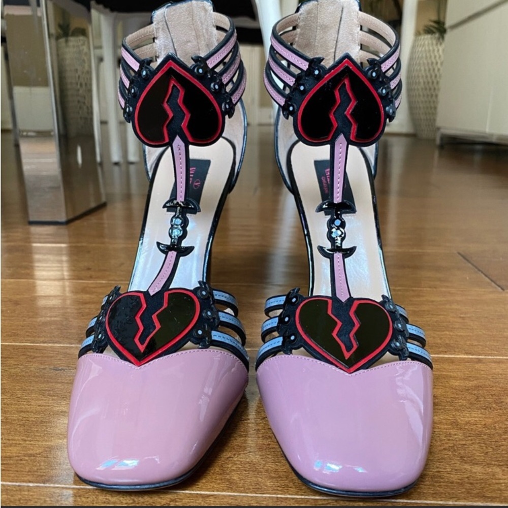 ISO Valentino, pink and black patent broken heart, heels round toe ankle strap